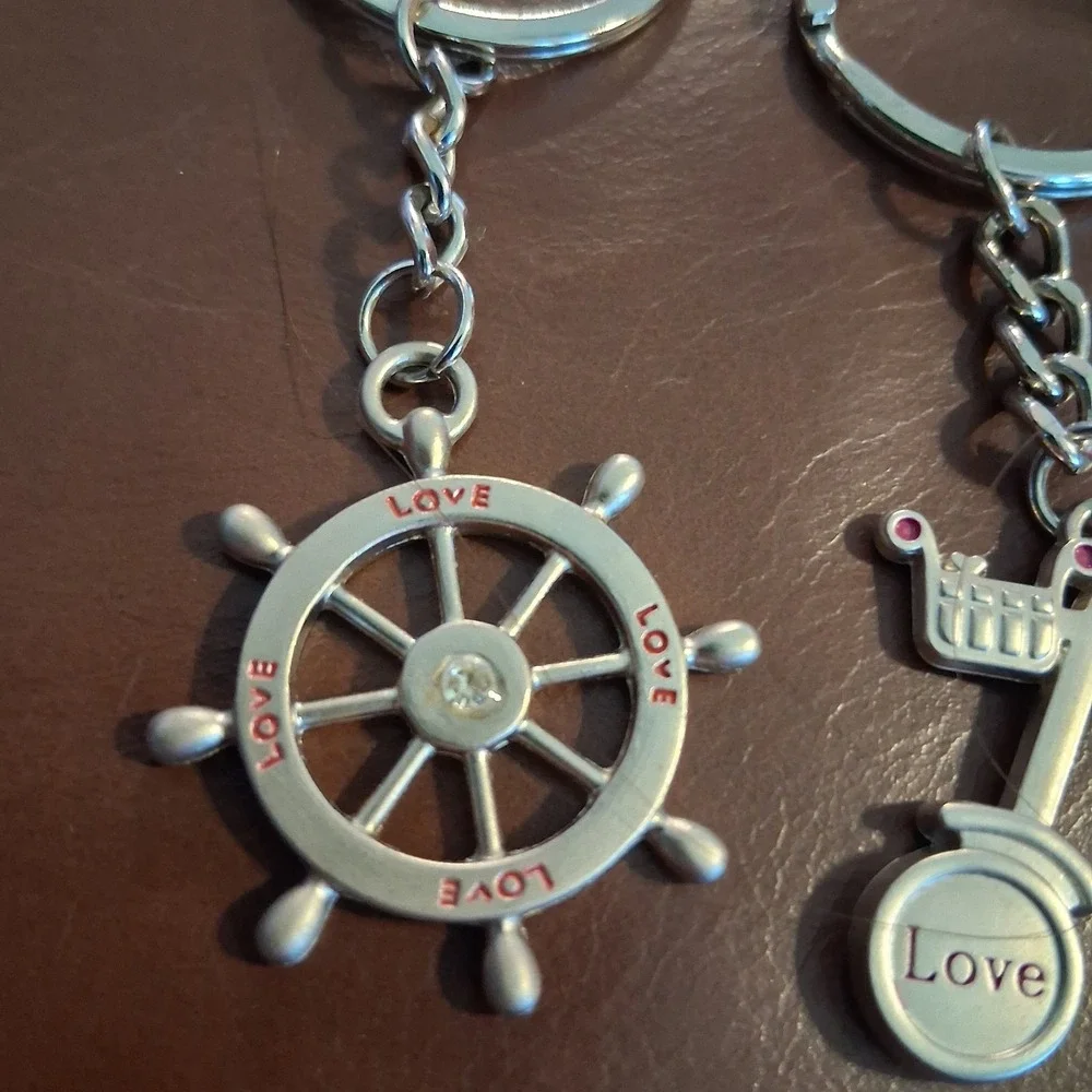 Cute Brushed Nickel Finish Keychains Bag Charm Lot Of 2 Hearts Love Ship...